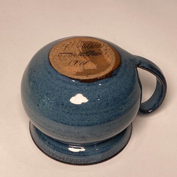 Vintage Handcrafted Pottery Mug Round Blue Glossy Artist Signed Dated 1994 - Picture 8 of 9